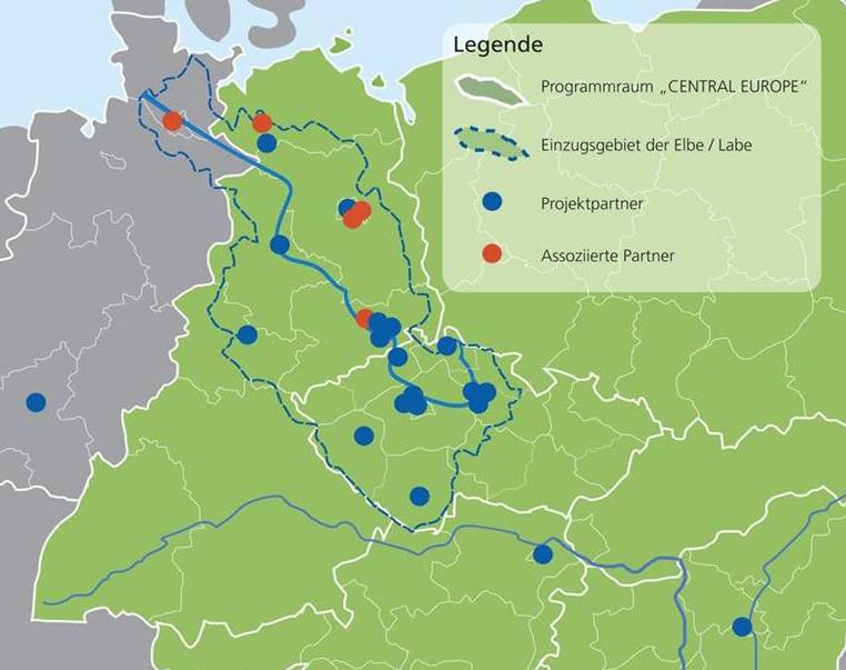 dekorative Karte mit Standorten von beteiligten Projektpartnern im Einzugsgebiet der Elbe